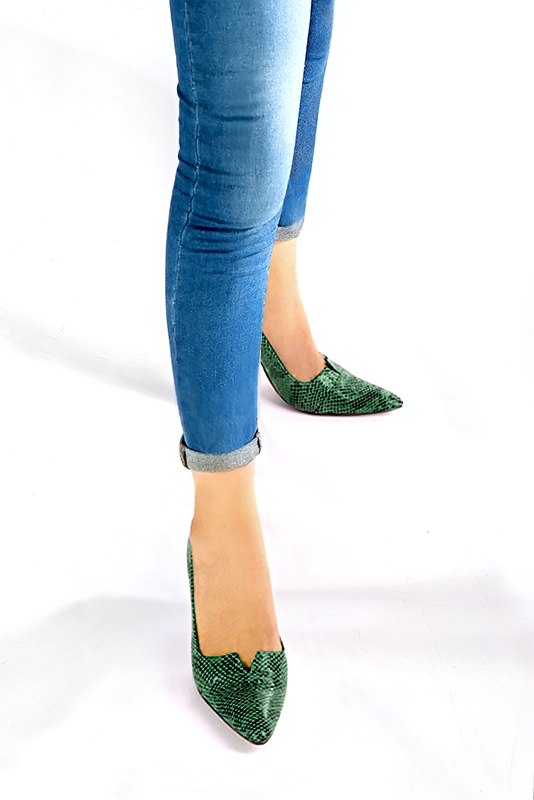 Emerald green women's dress pumps,with a square neckline. Tapered toe. Very high spool heels. Worn view - Florence KOOIJMAN
